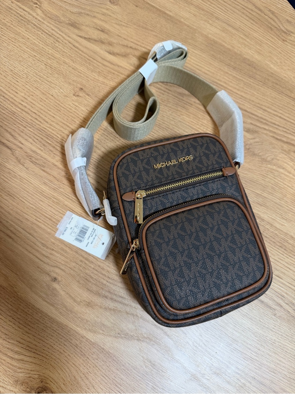 Michael Kors Brown Logo Canvas Belt Bag with Tan Trim